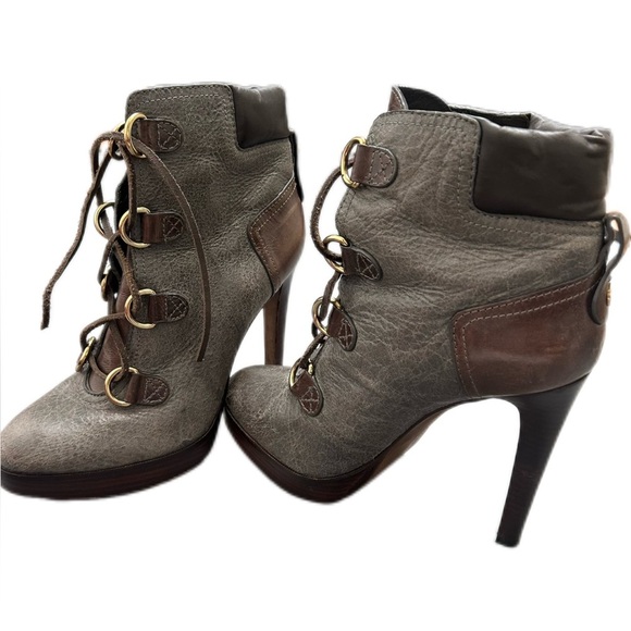 Tory Burch Lawson Bootie Pewter Brown Leather Platform Stiletto Ankle Boots S 11 - Picture 1 of 8